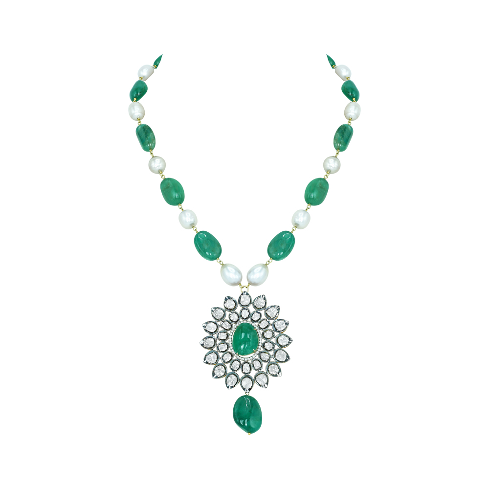Emerald Cabochon Polki Necklace with Emerald and Pearl Strand